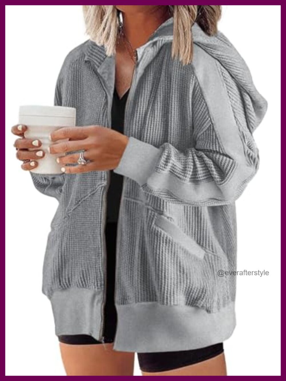Plus Size Waffle Knit Zip Up Hoodie Oversized Sweatshirt Casual Jacket